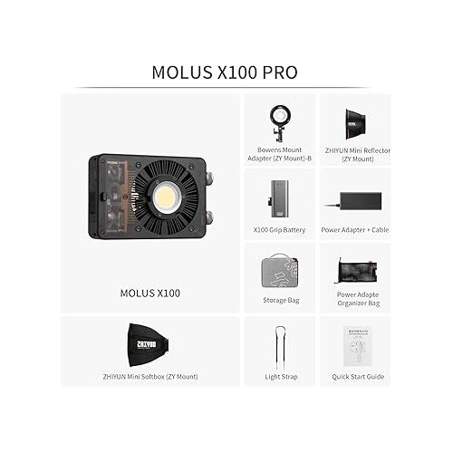 지윤텍 Zhiyun Molus X100 Pro 100W LED Video Light CCT 2700K~6500K CRI≥95 TLCI≥97 ZY Mount App Control Music Mode Continuous Lighting w/Bowens Mount Adapter + ZY Mount Softbox + 15600mAh Grip Battery
