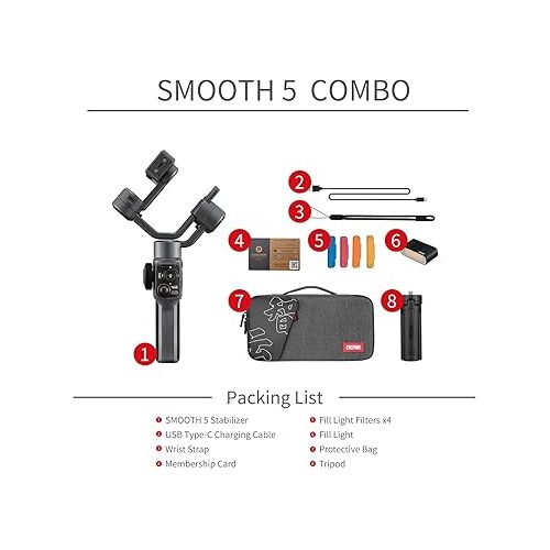 지윤텍 ZHIYUN Smooth 5 Combo Professional 3-Axis Handheld Gimbal Stabilizer with Magnetic Fill Light for iPhone Smartphone Android Cell Phone Gimble w/Face/Object Tracking Motion Time-Lapse POV