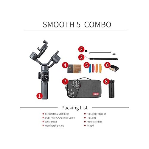 지윤텍 Zhiyun Smooth 5S Combo Zhiyun Smooth 5 Upgrade Vesion with Magnetic Fill Light Gimbal stabilizer for Smartphone,3-Axis Phone Gimbal for iPhone 14 13 12 11 Pro Max SE2 XS XR X 8 Plus Android Cell Phone