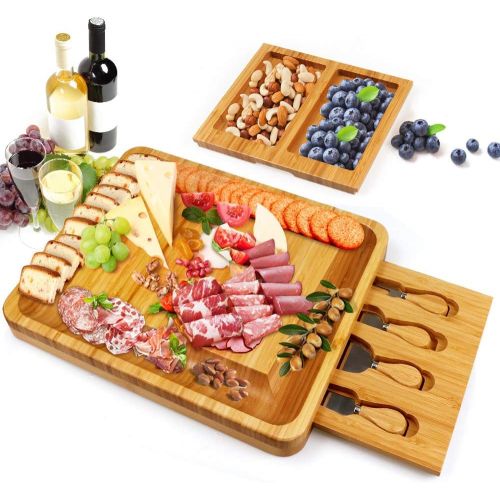  [아마존베스트]Zicheng Bamboo Cheese Board and Knife Set,Cheese Servers with Hidden Drawer,Charcuterie Platter and Cheese Serving Tray for Wine, Crackers,Brie and Meat