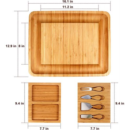  [아마존베스트]Zicheng Bamboo Cheese Board and Knife Set,Cheese Servers with Hidden Drawer,Charcuterie Platter and Cheese Serving Tray for Wine, Crackers,Brie and Meat