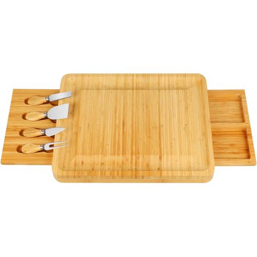  [아마존베스트]Zicheng Bamboo Cheese Board and Knife Set,Cheese Servers with Hidden Drawer,Charcuterie Platter and Cheese Serving Tray for Wine, Crackers,Brie and Meat