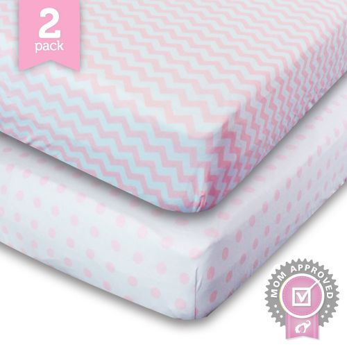  Ziggy Baby Crib Sheet, Toddler Bedding Fitted Jersey Cotton (2 Pack) Chevron, Dot, Pink/White