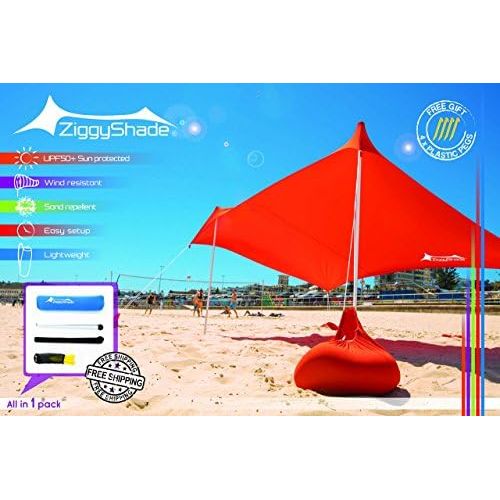  ZiggyShade Family Beach Sunshade  Lightweight Sun Shade Tent with Sandbag Anchors & 4 Free Pegs | UPF50+ UV Quality Lycra Fabric | Large & Portable | Canopy for Parks & Outdoor