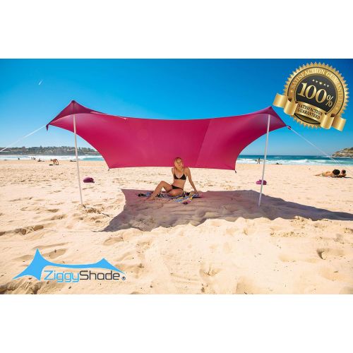  ZiggyShade Family Beach Sunshade  Lightweight Sun Shade Tent with Sandbag Anchors & 4 Free Pegs | UPF50+ UV Quality Lycra Fabric | Large & Portable | Canopy for Parks & Outdoor