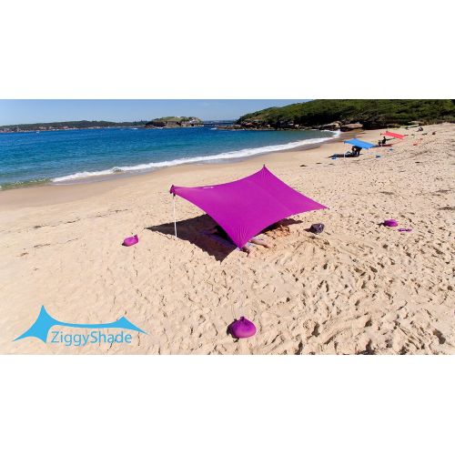  ZiggyShade Family Beach Sunshade  Lightweight Sun Shade Tent with Sandbag Anchors & 4 Free Pegs | UPF50+ UV Quality Lycra Fabric | Large & Portable | Canopy for Parks & Outdoor