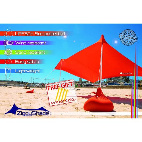  ZiggyShade Family Beach Sunshade  Lightweight Sun Shade Tent with Sandbag Anchors & 4 Free Pegs | UPF50+ UV Quality Lycra Fabric | Large & Portable | Canopy for Parks & Outdoor