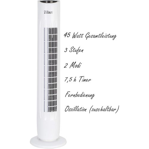  Zilan Turmventilator | Ventilator | Oszillierend | Leise | 3 Stufen | Tower-Ventilator | Standventilator | Saulenventilator | Luftkuehler | Weiss | Bodenventilator | Timer | Leiser Betrieb