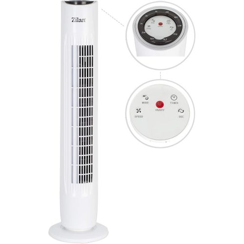  Zilan Turmventilator | Ventilator | Oszillierend | Leise | 3 Stufen | Tower-Ventilator | Standventilator | Saulenventilator | Luftkuehler | Weiss | Bodenventilator | Timer | Leiser Betrieb