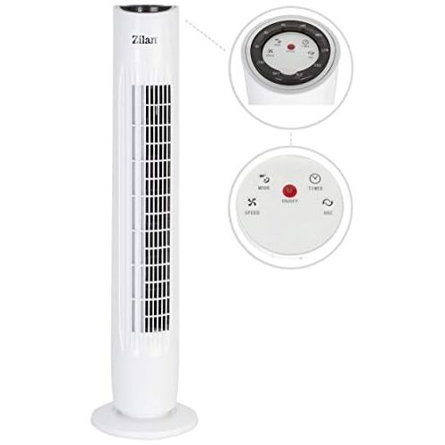  [아마존베스트]Zilan Tower fan, 3 speed levels, 2 modes, 7.5 h timer, Remote control, Oscillating Tower fan, Standing fan, Column fan, Air cooling Fan