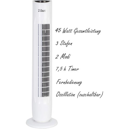  [아마존베스트]Zilan Tower fan, 3 speed levels, 2 modes, 7.5 h timer, Remote control, Oscillating Tower fan, Standing fan, Column fan, Air cooling Fan