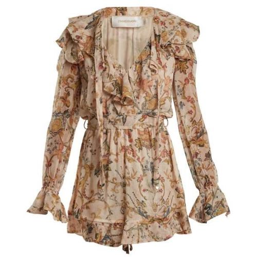  Zimmermann Painted Heart Cascade Floral Print Silk Playsuit - Womens - Pink Multi