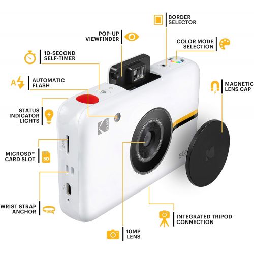  Kodak Step Instant Camera with 10MP Image Sensor, Zink Zero Ink Technology (White) Bundle: Photo Album, Case, 20 Pack Zink Paper, Markers, Stickers.