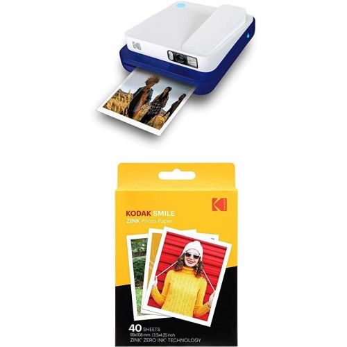  Kodak Smile Classic Digital Instant Camera with Bluetooth (Blue) with Kodak 3.5x4.25 inch Premium Zink Print Photo Paper (40 Sheets)