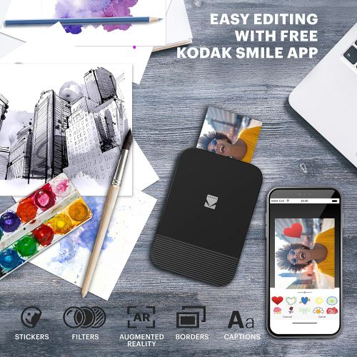  [아마존베스트]KODAK Smile Instant Digital Bluetooth Printer for iPhone & Android  Edit, Print & Share 2x3 Zink Photos w/ Smile App (Black/ White)