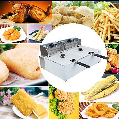  Zinnor 11L Electric Countertop Deep Fryer Dual Tank Commercial Restaurant Stainless Steel Tabletop Fryer with Lid Basket Ship from US