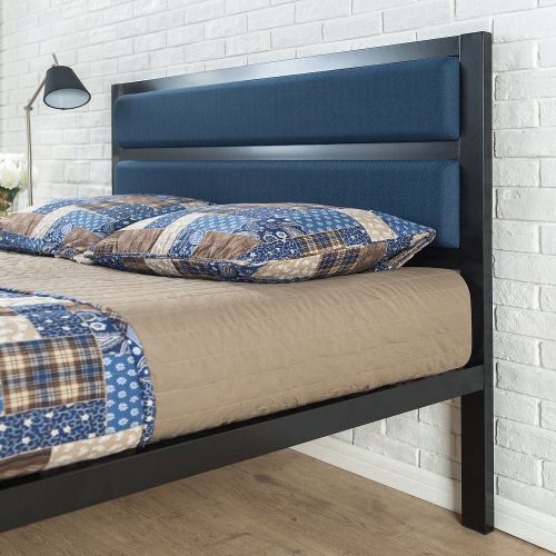  Zinus 16 Inch Platform Bed, Metal Bed Frame, Mattress Foundation with Tufted Navy Panel Headboard, No Box Spring Needed, Wood Slat Support, King