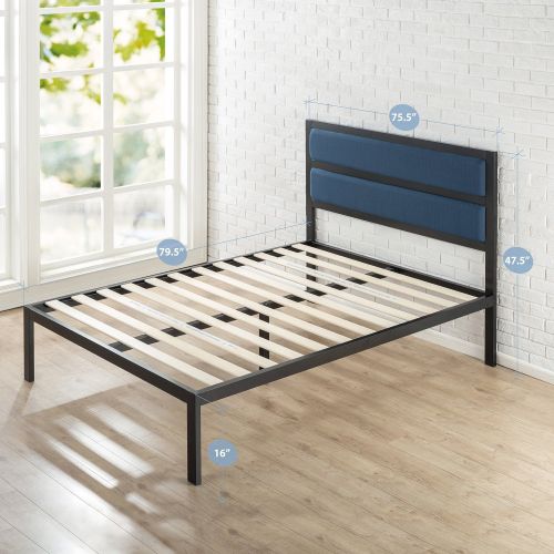  Zinus 16 Inch Platform Bed, Metal Bed Frame, Mattress Foundation with Tufted Navy Panel Headboard, No Box Spring Needed, Wood Slat Support, King