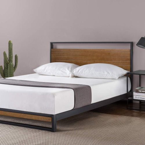  ZINUS Suzanne Metal and Wood Platform Bed Frame / Solid Wood & Steel Construction / No Box Spring Needed / Wood Slat Support / Easy Assembly, Chestnut Brown, Queen