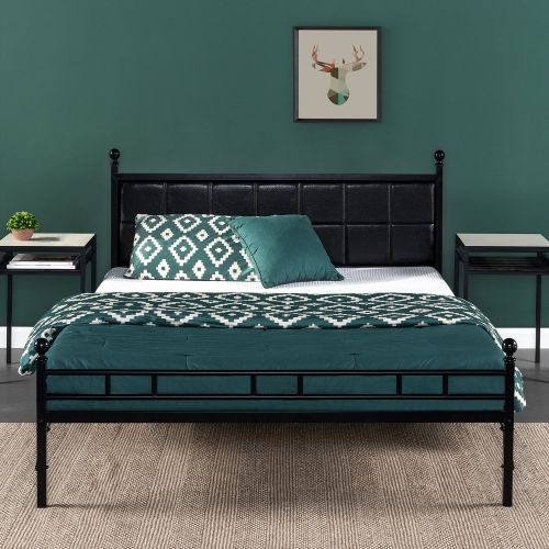  Zinus Sumit Metal Platform Bed / Bed Frame with Faux Leather Square Stitched Upholstered Headboard, Twin