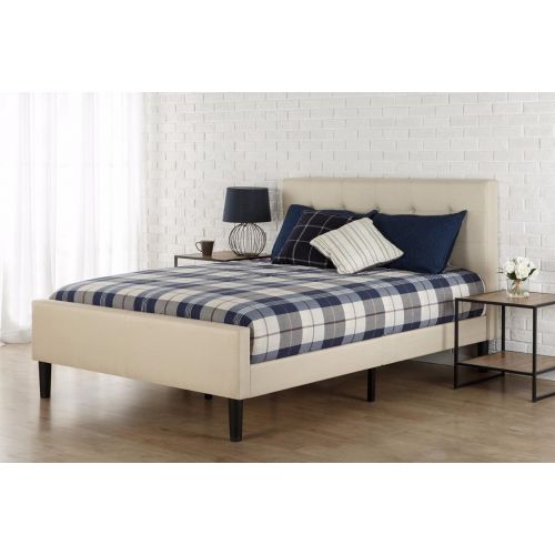  Zinus Upholstered Button Tufted Platform Bed with Footboard / Mattress Foundation / Easy Assembly / Strong Wood Slat Support, Full