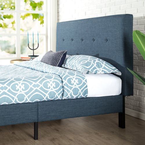  Zinus Omkaram Upholstered Navy Button Detailed Platform Bed / Mattress Foundation / Easy Assembly / Strong Wood Slat Support, Queen