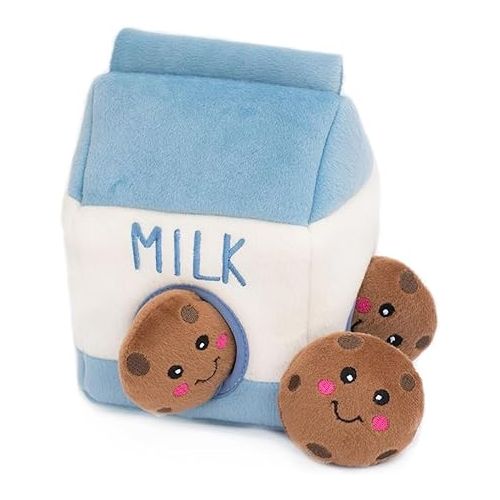  ZippyPaws - Food Buddies Burrow, Interactive Squeaky Hide and Seek Plush Dog Toy - Milk and Cookies