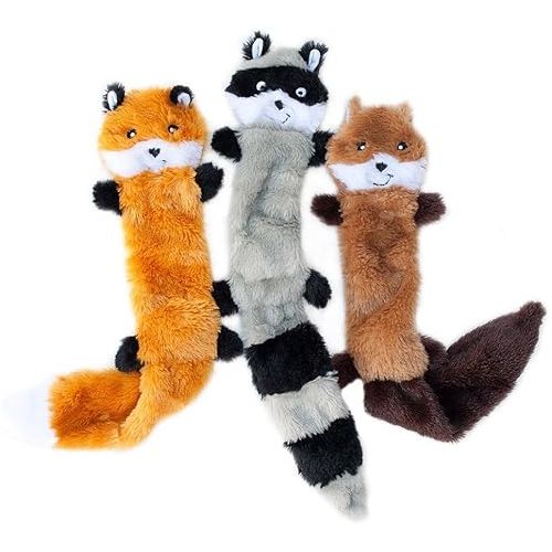  ZippyPaws Skinny Peltz - Fox, Raccoon, & Squirrel - No Stuffing Squeaky Dog Toys, Unstuffed Chew Toy for Small & Medium Breeds, Bulk Multi-Pack of 3 Soft Plush Toys, Flat No Stuffing Puppy Toys - 18