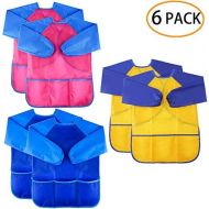 [아마존베스트]6 Pack Kids Art Smock Colorful Waterproof Children Art Aprons Artist Painting Aprons with Long Sleeve 3 Roomy Pockets for Age 3-8 Years