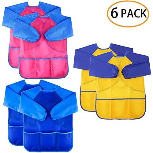  [아마존베스트]6 Pack Kids Art Smock Colorful Waterproof Children Art Aprons Artist Painting Aprons with Long Sleeve 3 Roomy Pockets for Age 3-8 Years