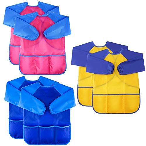  [아마존베스트]Zkptops 6 Pack Kids Art Smock Colorful Waterproof Children Art Aprons Artist Painting Aprons with Long Sleeve 3 Roomy Pockets for Age 3-8 Years