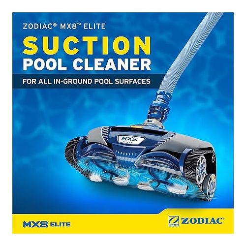  Zodiac MX8 Elite Suction Pool Cleaner for All In-Ground Pool Surfaces w/Cyclonic Leaf Catcher Included, 39 ft Reach, Cyclonic Scrubbing Brushes, Energy Efficient