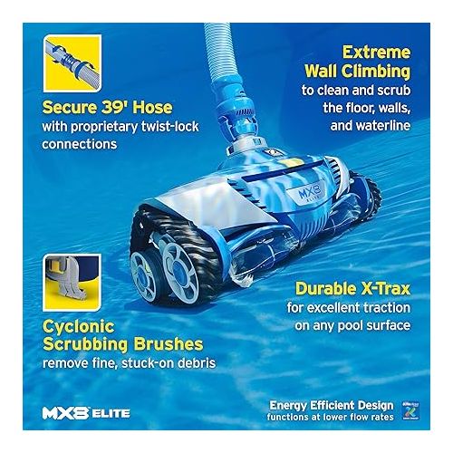  Zodiac MX8 Elite Suction Pool Cleaner for All In-Ground Pool Surfaces w/Cyclonic Leaf Catcher Included, 39 ft Reach, Cyclonic Scrubbing Brushes, Energy Efficient