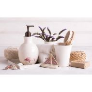 /Zoharshaham Ceramic Soap Dispenser Set, Kitchen and Bath Home Decor, Bath Dispenser Set, White Ceramic, Modern Accessories, Pink Flamingo Drawing Decor