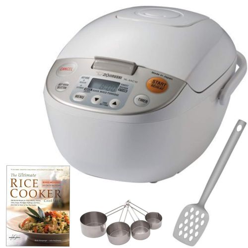  Zojirushi NL-AAC10 Micom Rice Cooker (Uncooked) and Warmer, 5.5 Cups/1.0-Liter Includes Stainless Measuring Cup Set, Slotted Turner and Cookbook Bundle