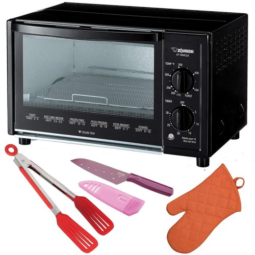  Zojirushi ET-WMC22 Toaster Oven, 2-Slice, Black Includes Flipper Tongs, Knife and Oven Mitt Bundle