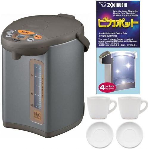  [아마존베스트]Zojirushi CD-WCC30 Micom Water Boiler and Warmer (Silver Dark Brown) with 4 Descaling Agents and Cup and Saucer Bundle (3 Items)