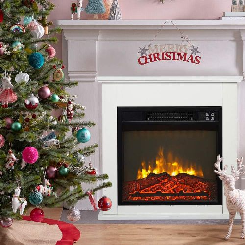  Zokop 25W Freestanding Electric Fireplace Stove Space Heater with Realistic Flame, Wood Mantel, Remote Control for Home Room Indoor, 1500W Black