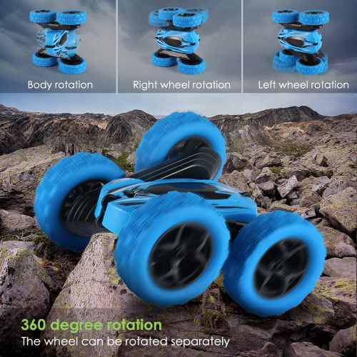  Zomma Remote Control Car RC Stunt Car, 4WD Monster Truck Double Sided Rotating Tumbling - 2.4GHz High Speed Rock Crawler Rechargeable Vehicle Toy with Headlights (Blue)