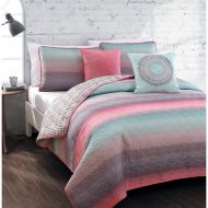 Zone 5Piece Queen Quilt Set Girls Coral Pink, Colorful, Fusion Starburst Stripe Across Pattern, Teal Blue, Microfiber Bedding Teens or Students, Violet