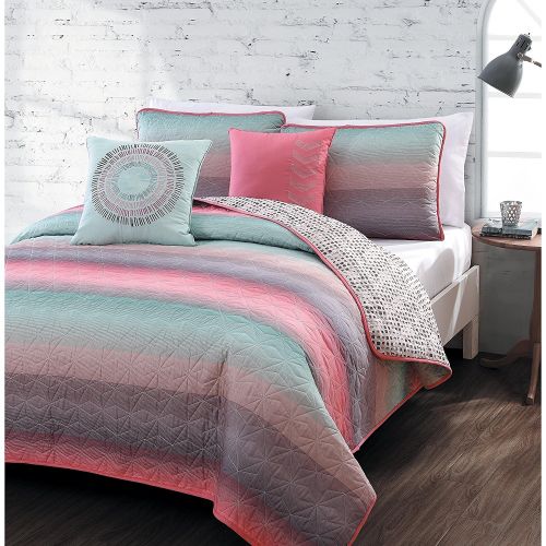  Zone 5Piece Queen Quilt Set Girls Coral Pink, Colorful, Fusion Starburst Stripe Across Pattern, Teal Blue, Microfiber Bedding Teens or Students, Violet