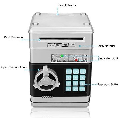  [아마존베스트]Zonkin Cartoon Electronic ATM Password Piggy Bank Cash Coin Can Auto Scroll Paper Money Saving Box Gift for Kids (Silvery)