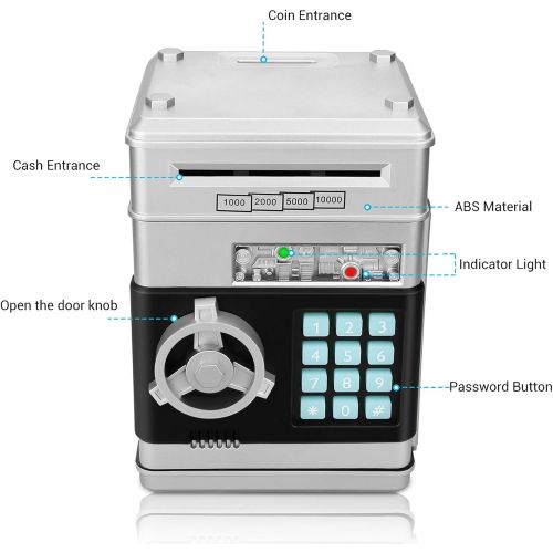  [아마존베스트]Zonkin Cartoon Electronic ATM Password Piggy Bank Cash Coin Can Auto Scroll Paper Money Saving Box Gift for Kids (Silvery)