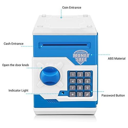  [아마존베스트]Zonkin Electronic Password Piggy Bank Kids Safe Bank Mini ATM Electronic Money Save Box Cash Coin Can (Blue White)