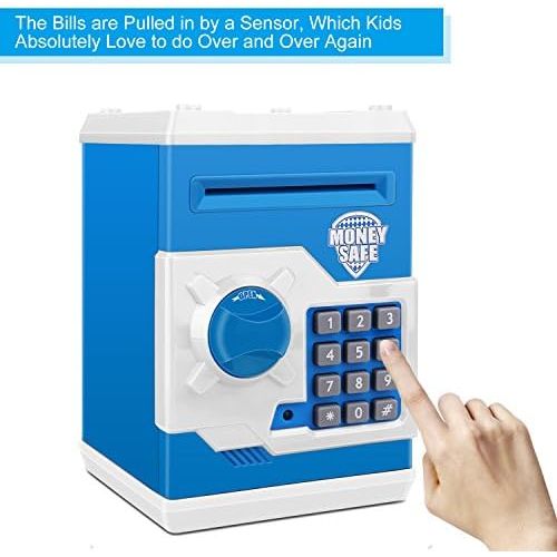  [아마존베스트]Zonkin Electronic Password Piggy Bank Kids Safe Bank Mini ATM Electronic Money Save Box Cash Coin Can (Blue White)