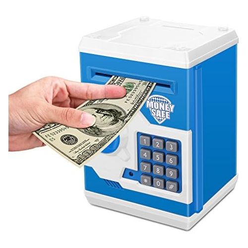 [아마존베스트]Zonkin Electronic Password Piggy Bank Kids Safe Bank Mini ATM Electronic Money Save Box Cash Coin Can (Blue White)