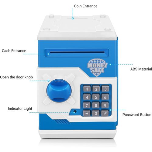  [아마존베스트]Zonkin Electronic Password Piggy Bank Kids Safe Bank Mini ATM Electronic Money Save Box Cash Coin Can (Blue White)