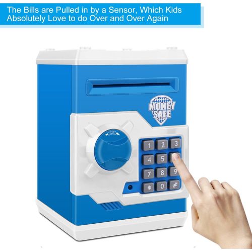  [아마존베스트]Zonkin Electronic Password Piggy Bank Kids Safe Bank Mini ATM Electronic Money Save Box Cash Coin Can (Blue White)