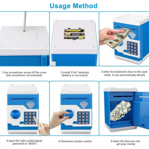  [아마존베스트]Zonkin Electronic Password Piggy Bank Kids Safe Bank Mini ATM Electronic Money Save Box Cash Coin Can (Blue White)