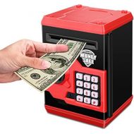 [아마존베스트]Zonkin Cartoon Electronic ATM Password Piggy Bank Cash Coin Can Auto Scroll Paper Money Saving Box Gift for Kids (Black red)